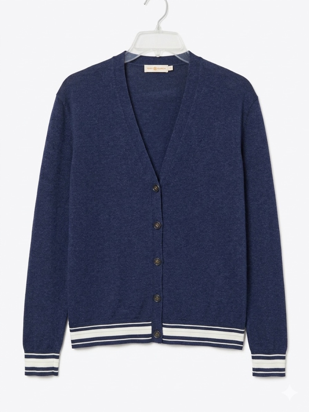 Tory Burch V-Neck Button Front Cardigan Navy with White Stripe Trim